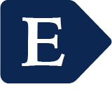 'E' inside of a dark blue flag shape.